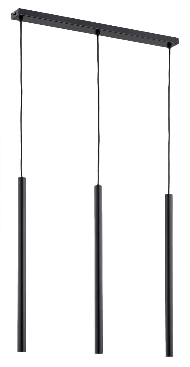 Lampa wisząca 3-punktowa w kolorze czarnym z prostokątnym stelażem i trzema wiszącymi, cylindrycznymi źródłami światła. Ujęcie frontalne, produkt zawieszony na długich przewodach. Tło jednolite, co podkreśla minimalistyczny design lampy.
