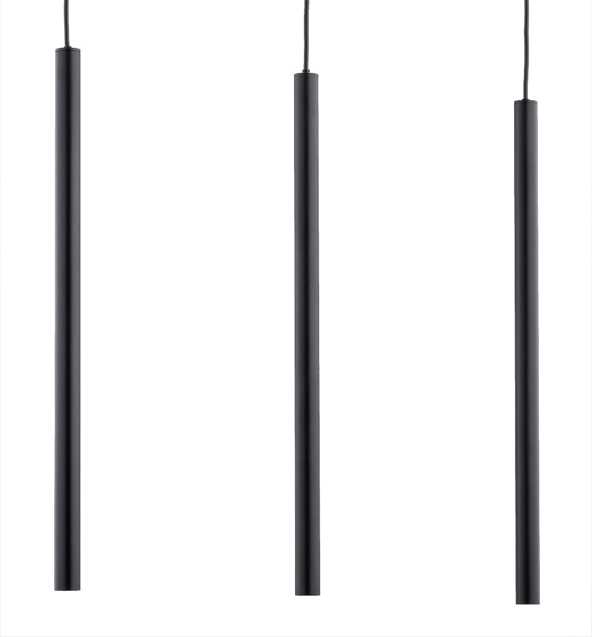 Lampa wisząca Collet 3-punktowa w kolorze czarnym, składająca się z trzech długich, prostokątnych elementów. Ujęcie frontalne, zawieszona na cienkich kablach, z minimalistycznym designem. Tło białe, co podkreśla elegancję lampy.