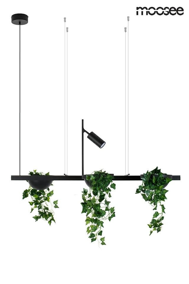 Czarna lampa wisząca LED Plant z dwoma punktami świetlnymi. Posiada metalowy stelaż z trzema donicami z roślinami, zawieszona na cienkich linkach. Styl minimalistyczny, idealna do nowoczesnych wnętrz.