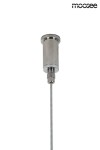 Czarna lampa wisząca LED 2-punktowa z metalowym mocowaniem. Wisi na cienkim, stalowym przewodzie, z okrągłym, błyszczącym elementem mocującym. Prosta forma, idealna do nowoczesnych wnętrz. Tło białe, co podkreśla produkt.