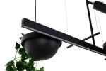 Czarna, wisząca lampa LED 2-punktowa z metalowym prostokątnym ramieniem i kulistymi kloszami. Klosze mają matową teksturę, a lampa zawieszona jest na cienkich linkach. W tle widoczne zielone pnącze, co tworzy przyjemny kontrast.