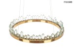 Złota lampa wisząca Nenufar LED z przezroczystymi kryształkami ułożonymi w okrąg. Lampa ma metalowy pierścień z wykończeniem w kolorze złotym, zawieszona na cienkich linkach. Kryształy mają różne wysokości, co tworzy efektowne wzornictwo.