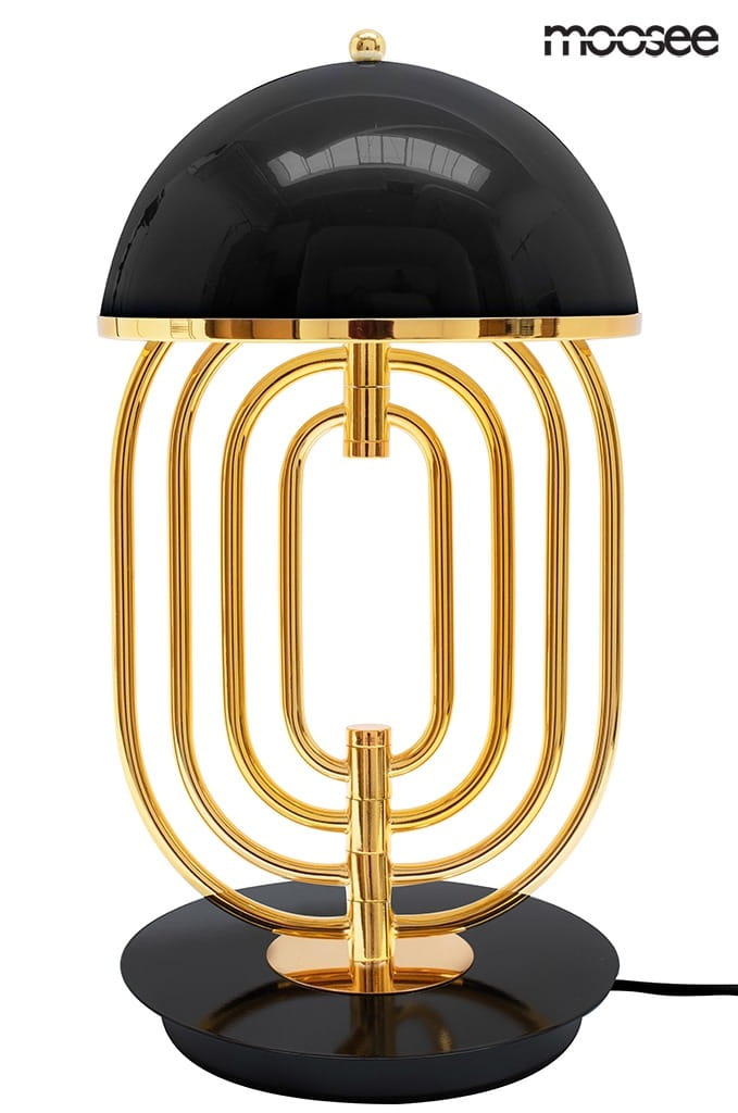 Lampa stołowa Bottega 2-punktowa w kolorze złotym i czarnym. Okrągła baza w czerni, a smukła konstrukcja z metalowymi, złotymi elementami tworzy nowoczesny design. Górna część w formie czarnego klosza.