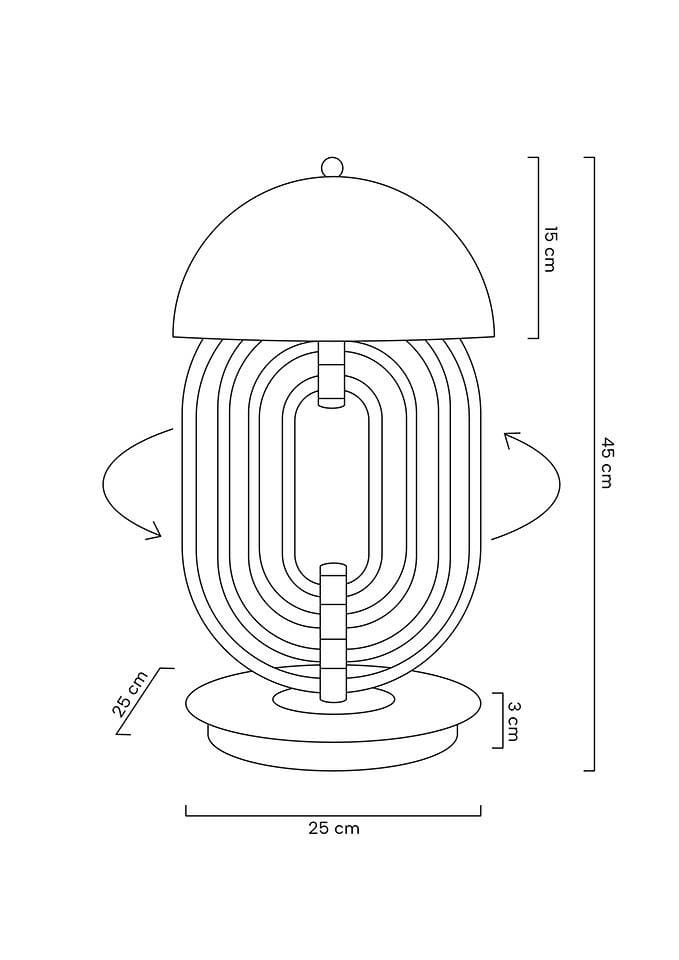 Lampa stołowa Bottega 2-punktowa w kolorze złotym i białym, z okrągłą podstawą o średnicy 25 cm. Wysokość 45 cm, szerokość 25 cm, z kloszem w kształcie kopuły. Projekt z delikatnymi, zakrzywionymi elementami.