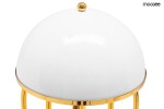 Lampa stołowa Bottega z białym, okrągłym kloszem i złotą podstawą. Klosz ma gładką powierzchnię, a podstawa składa się z metalowych nóżek. Ujęcie z góry, ukazujące detale wykończenia oraz zaokrąglony kształt klosza.