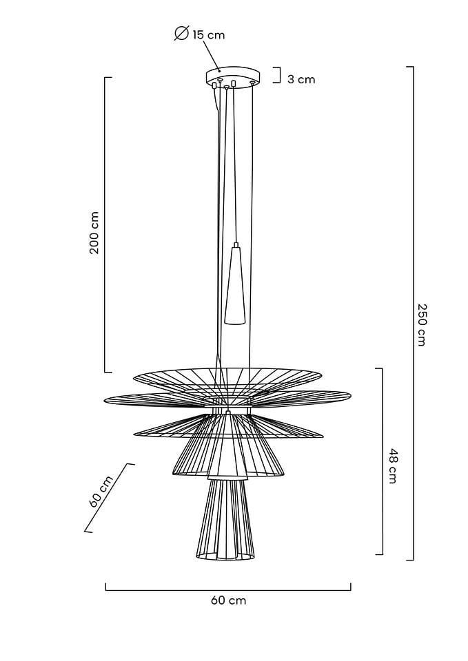 Lampa wisząca Sesto 2-punktowa w złotym kolorze, o średnicy 60 cm i wysokości 48 cm. Wykonana z metalowej konstrukcji z dekoracyjnymi, promienistymi elementami. Zawieszona na długim przewodzie, idealna do nowoczesnych wnętrz.