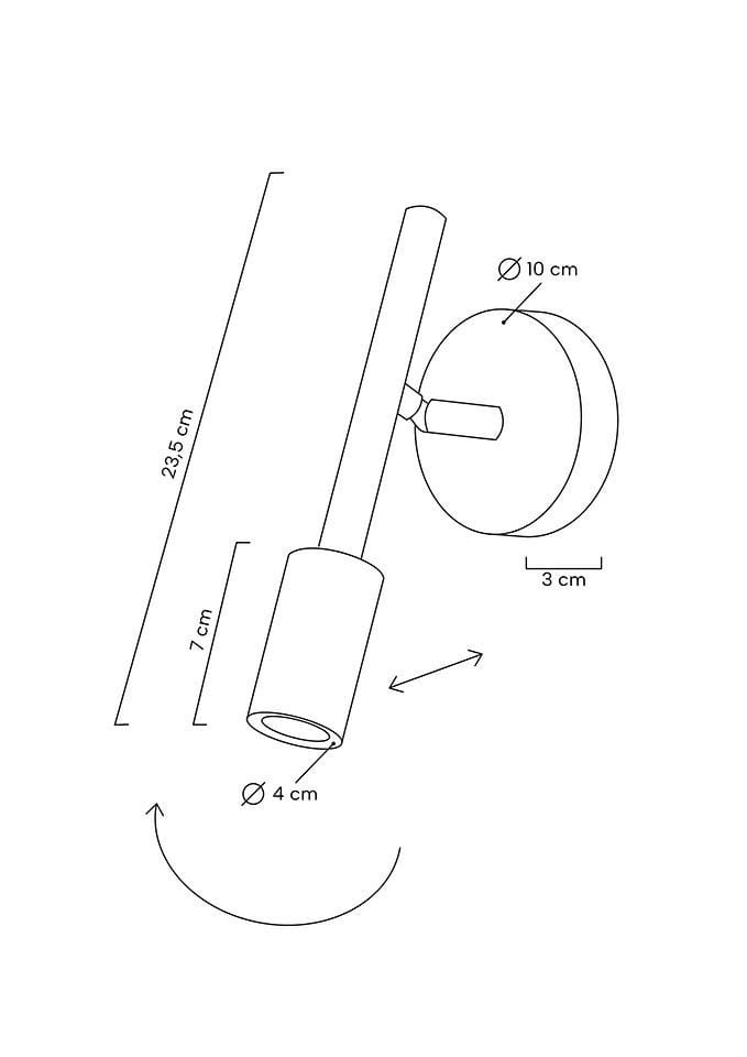 Kinkiet LED Prisma, czarny, z 1 punktem świetlnym. Cylindryczny klosz o średnicy 4 cm i wysokości 7 cm, zamocowany na okrągłej podstawie o średnicy 10 cm. Wysokość całkowita 23,5 cm, możliwość regulacji kąta nachylenia.