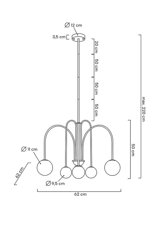 Złota lampa wisząca Neri, 6-punktowa, z sześcioma okrągłymi kloszami o średnicy 9,5 cm, umieszczona na smukłych, zakrzywionych ramionach. Wysokość całkowita do 220 cm, średnica podsufitki 12 cm. Prosty, elegancki design, idealna do nowoczesnych wnętrz.
