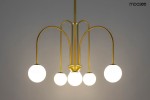 Złota lampa wisząca Neri z sześcioma okrągłymi kloszami z białego szkła, umieszczonymi na łukowatych ramionach. Produkt widoczny z przodu, z eleganckim wykończeniem i minimalistycznym designem, zawieszony na prostym łańcuchu.
