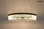 Lampa wisząca Florens 80 LED w kolorze złotym, o okrągłym kształcie, z dekoracyjnymi, przezroczystymi elementami w formie szklanych prętów. Zawieszona na cienkich linkach, emituje ciepłe światło, idealna do nowoczesnych wnętrz.