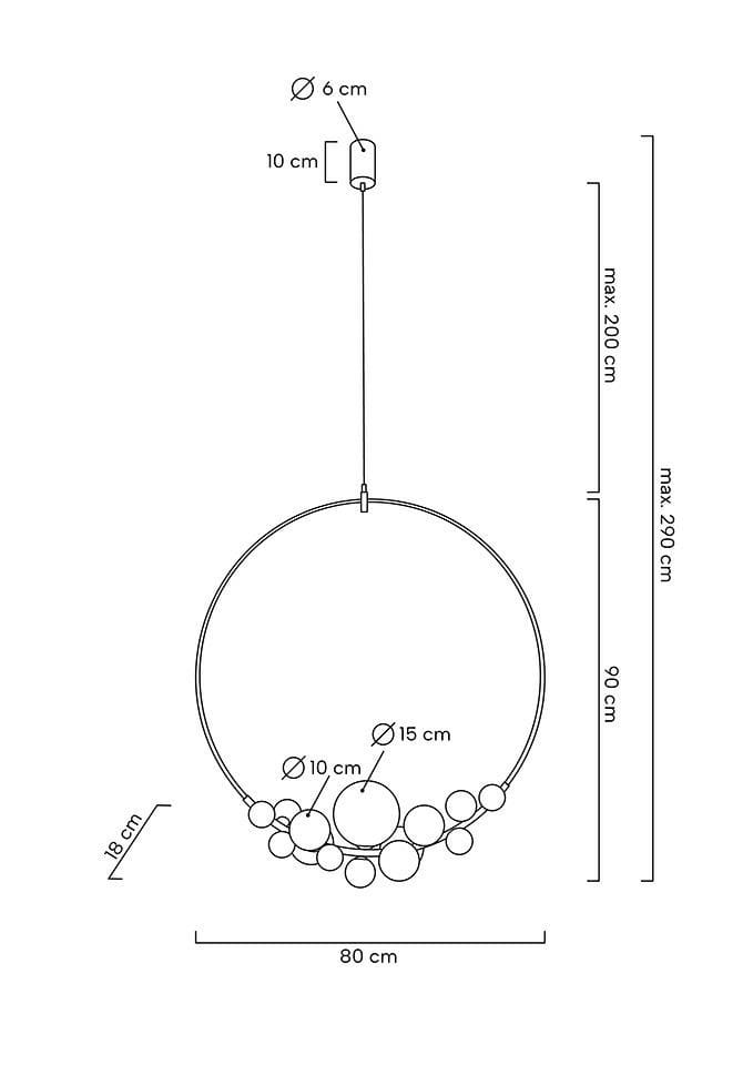 Czarna lampa wisząca Rocio z 14 punktami świetlnymi, okrągła, z metalowym stelażem. Wymiary: średnica 80 cm, wysokość 90 cm. Elementy świetlne w różnych rozmiarach (10-15 cm) rozmieszczone w dolnej części. Długość przewodu do 200 cm.