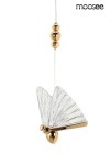 Wisząca lampa LED Butterfly M w kolorze złotym z przezroczystym kloszem w kształcie motyla. Klosz z teksturowanego szkła z połyskującym wykończeniem. Sznur z trzema złotymi kulkami, zawieszony w pozycji pionowej.