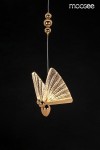 Złota lampa wisząca Butterfly S z jednopunktowym źródłem światła, w kształcie motyla z wyraźnie zaznaczoną teksturą skrzydeł. Zawieszona na cienkim przewodzie, z dekoracyjnymi kulkami u góry. Tło czarne, co podkreśla złote wykończenie.