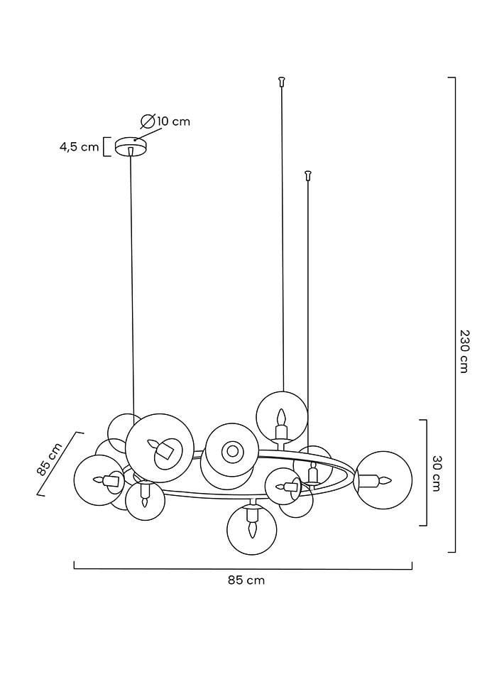 Lampa wisząca Alure Line 85, czarna, 15-punktowa. Okrągłe klosze rozmieszczone na metalowej ramie, wymiary: 85 cm szerokości, 30 cm wysokości, 230 cm długości zawieszenia. Montaż sufitowy, nowoczesny design.