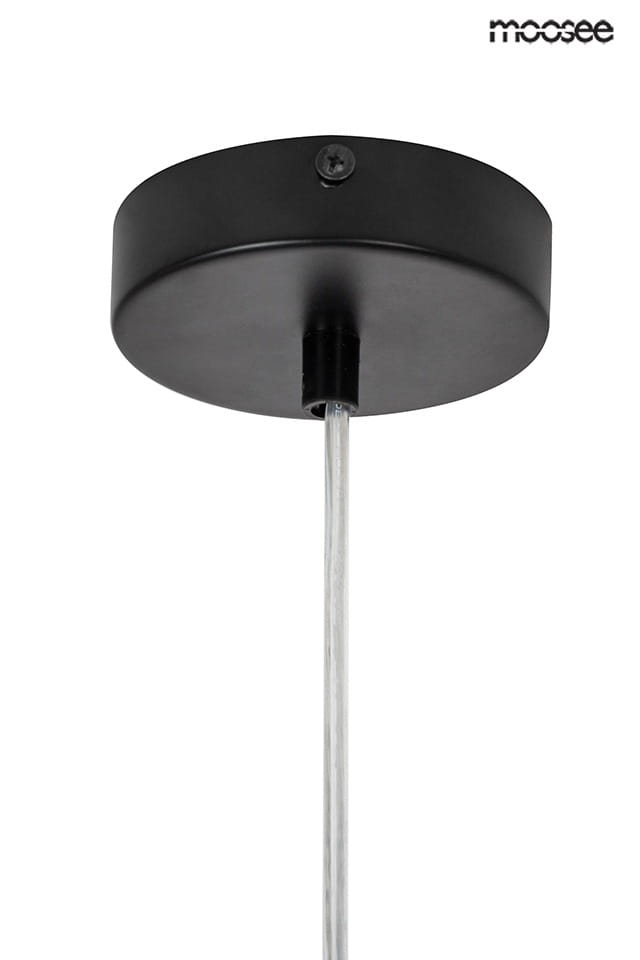 Czarna lampa wisząca Alure Line 85, 15-punktowa, z okrągłym, metalowym mocowaniem sufitowym. Widoczny przezroczysty kabel, montowany w pozycji wiszącej. Logo producenta w prawym górnym rogu.