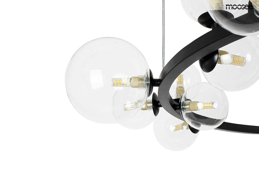 Lampa wisząca Alure Line 85 w kolorze czarnym, 15-punktowa, z przezroczystymi, okrągłymi kloszami, prezentująca elegancki, nowoczesny design. Widok z góry, ukazujący detale mocowań i źródła światła wewnątrz kloszy.