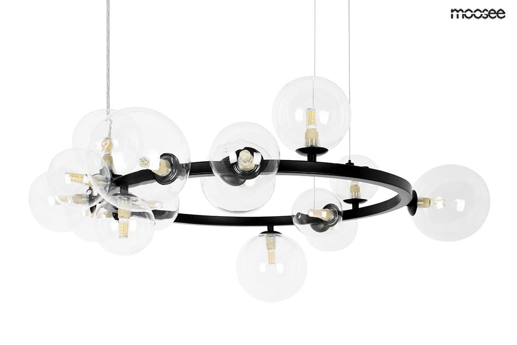 Lampa wisząca Alure Line 85 w kolorze czarnym, 15-punktowa, z przezroczystymi kloszami w kształcie kul. Ułożona w poziomie, zawieszona na cienkich linkach. Oświetlenie nawiązujące do nowoczesnego stylu, idealna do aranżacji wnętrz.