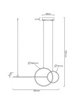 Czarna lampa wisząca Rage LED 3-punktowa, z trzema okrągłymi elementami o średnicach 50,5 cm oraz 29 cm. Wymiary: długość 120 cm, wysokość 230 cm, zawieszenie 2 cm. Prosta konstrukcja z metalowym wykończeniem, idealna do nowoczesnych wnętrz.