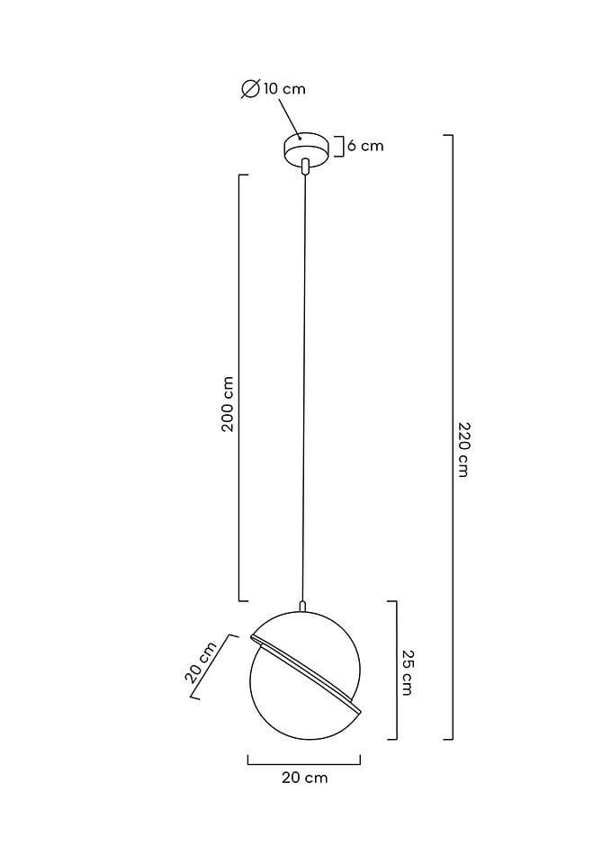 Lampa wisząca Globe 20, 1-punktowa, złota. Okrągła kula o średnicy 20 cm, zawieszona na 200 cm cienkiego przewodu. Metalowy sufitowy uchwyt o średnicy 10 cm, z eleganckim wykończeniem. Wysokość całkowita 220 cm, idealna do nowoczesnych wnętrz.