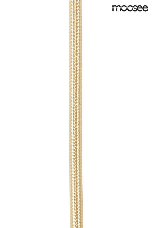 Lampa wisząca Globe 20 l, złota, 1-punktowa, z teksturowanym kablem w odcieniu beżowym. Zawieszona w pionie, minimalistyczny design. Tło białe, podkreślające elegancki wygląd lampy.