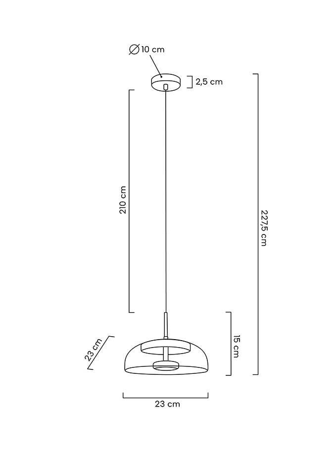 Złota lampa wisząca Eden LED, 1-punktowa. Okrągła podsufitka o średnicy 10 cm, zwis na wysokości 210 cm. Klosz o średnicy 23 cm i wysokości 15 cm, zawieszony na cienkim przewodzie. Prosty, nowoczesny design.