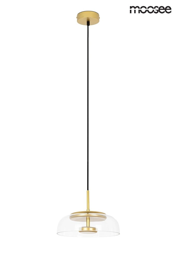 Złota lampa wisząca Eden LED z przezroczystym kloszem, zawieszona na czarnym przewodzie. Posiada okrągłą podstawę i minimalistyczny design, idealna do nowoczesnych wnętrz.