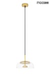 Złota lampa wisząca Eden LED z przezroczystym kloszem, zawieszona na czarnym przewodzie. Posiada okrągłą podstawę i minimalistyczny design, idealna do nowoczesnych wnętrz.