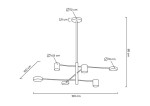 Złota lampa wisząca Piazetta LED z sześcioma punktami świetlnymi. Kształt geometryczny z różnymi średnicami kloszy: 12 cm, 10 cm, 6,5 cm. Wysokość 80 cm, szerokość 100 cm. Montaż sufitowy, idealna do nowoczesnych wnętrz.