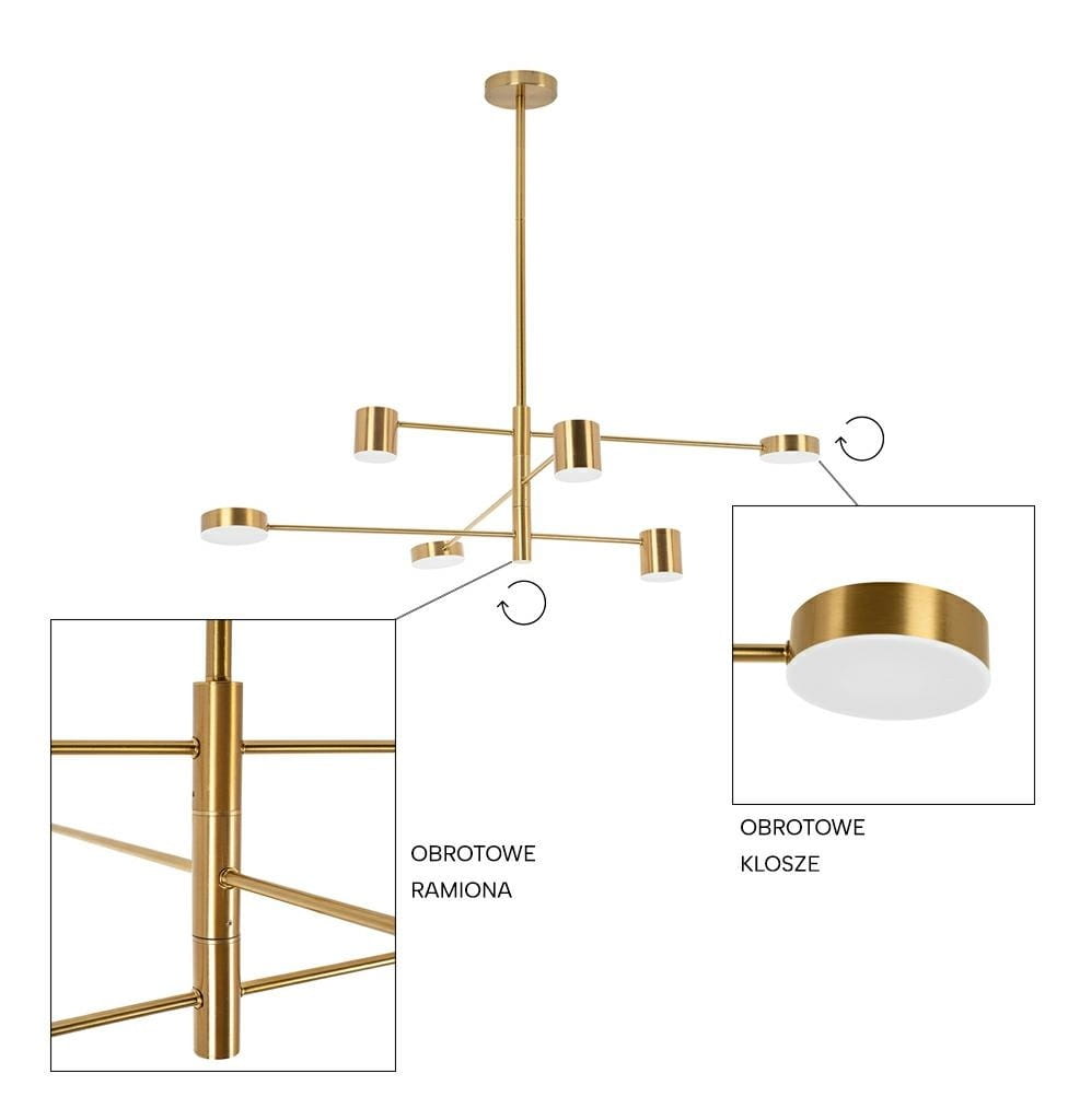 Złota lampa wisząca Piazetta LED z sześcioma punktami świetlnymi, z obrotowymi ramionami i kloszami. Ujęcie z góry, pokazujące nowoczesny design i detale konstrukcji. Idealna do nowoczesnych wnętrz.
