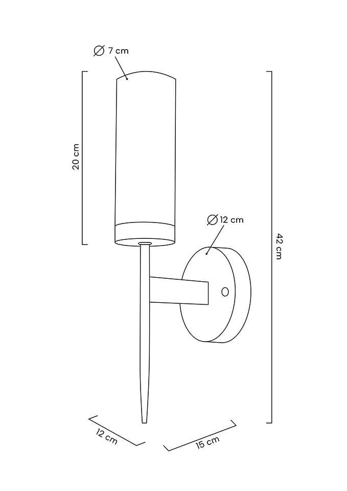 Kinkiet Torch 1-punktowy w kolorze złotym, z cylindrycznym kloszem o średnicy 7 cm i wysokości 20 cm. Montaż na ścianie, z prostą, metalową podstawą o średnicy 12 cm. Wymiary całkowite: 42 cm wysokości, 15 cm szerokości.