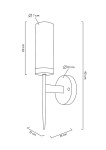 Kinkiet Torch 1-punktowy w kolorze złotym, z cylindrycznym kloszem o średnicy 7 cm i wysokości 20 cm. Montaż na ścianie, z prostą, metalową podstawą o średnicy 12 cm. Wymiary całkowite: 42 cm wysokości, 15 cm szerokości.