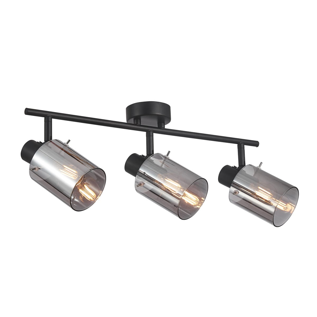 Czarna lampa sufitowa 3-punktowa Sardo z dymionymi kloszami, zamontowana na prostokątnej podstawie. Klosze w kształcie cylindrów, z widocznymi żarówkami, skierowane w różne strony. Wykonana z metalu i szkła, idealna do nowoczesnych wnętrz.