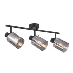 Czarna lampa sufitowa 3-punktowa Sardo z dymionymi kloszami, zamontowana na prostokątnej podstawie. Klosze w kształcie cylindrów, z widocznymi żarówkami, skierowane w różne strony. Wykonana z metalu i szkła, idealna do nowoczesnych wnętrz.