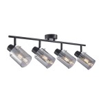 Czarna lampa sufitowa Sardo z czterema punktami świetlnymi. Szklane klosze w dymionym odcieniu, zawieszone na metalowej belce. Ujęcie z przodu, lampa zamontowana na suficie, idealna do nowoczesnych wnętrz.