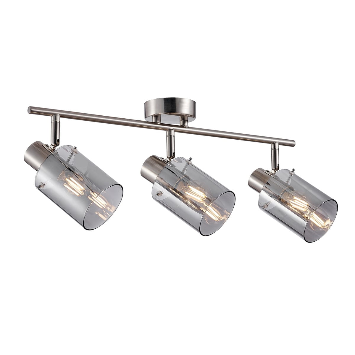Srebrna lampa sufitowa Sardo z trzema punktami świetlnymi, z przezroczystymi, dymionymi kloszami. Ujęcie frontalne, lampa zamontowana na suficie, metalowa konstrukcja z widocznymi żarówkami.