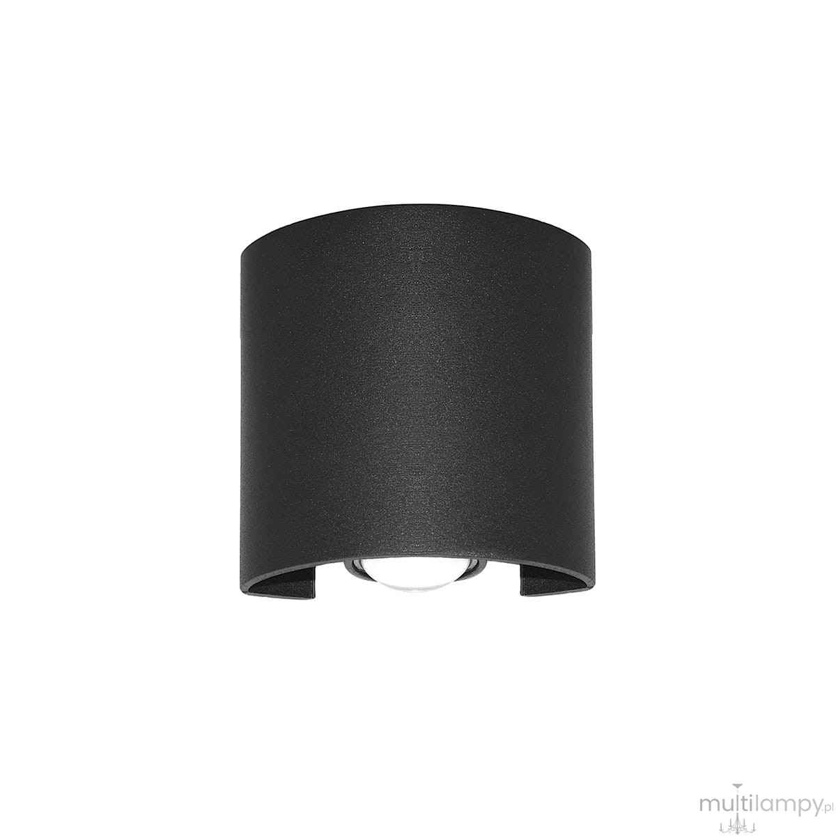 Czarny kinkiet elewacyjny Ortelo LED OWL-451-1-BL, w formie cylindrycznej obudowy z matowego materiału. Wyposażony w okrągłą żarówkę, montowany na ścianie. Prosty design, idealny do oświetlenia zewnętrznego.