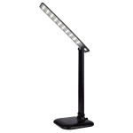 Czarna lampka biurkowa Marina LED o mocy 9W i temperaturze barwowej 4500K. Posiada prostokątną, ruchomą głowicę z diodami LED i elegancką, stabilną podstawę. Ujęcie z boku, ukazujące nowoczesny design i funkcjonalność.