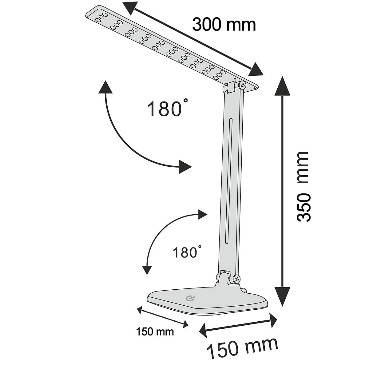 Czarna lampka biurkowa Marina LED 9W o temperaturze barwowej 4500K, z regulowanym ramieniem o wysokości 350 mm i szerokości 300 mm. Posiada funkcję obrotu o 180° w górę i w dół oraz na boki. Stabilna podstawa o wymiarach 150 mm x 150 mm.
