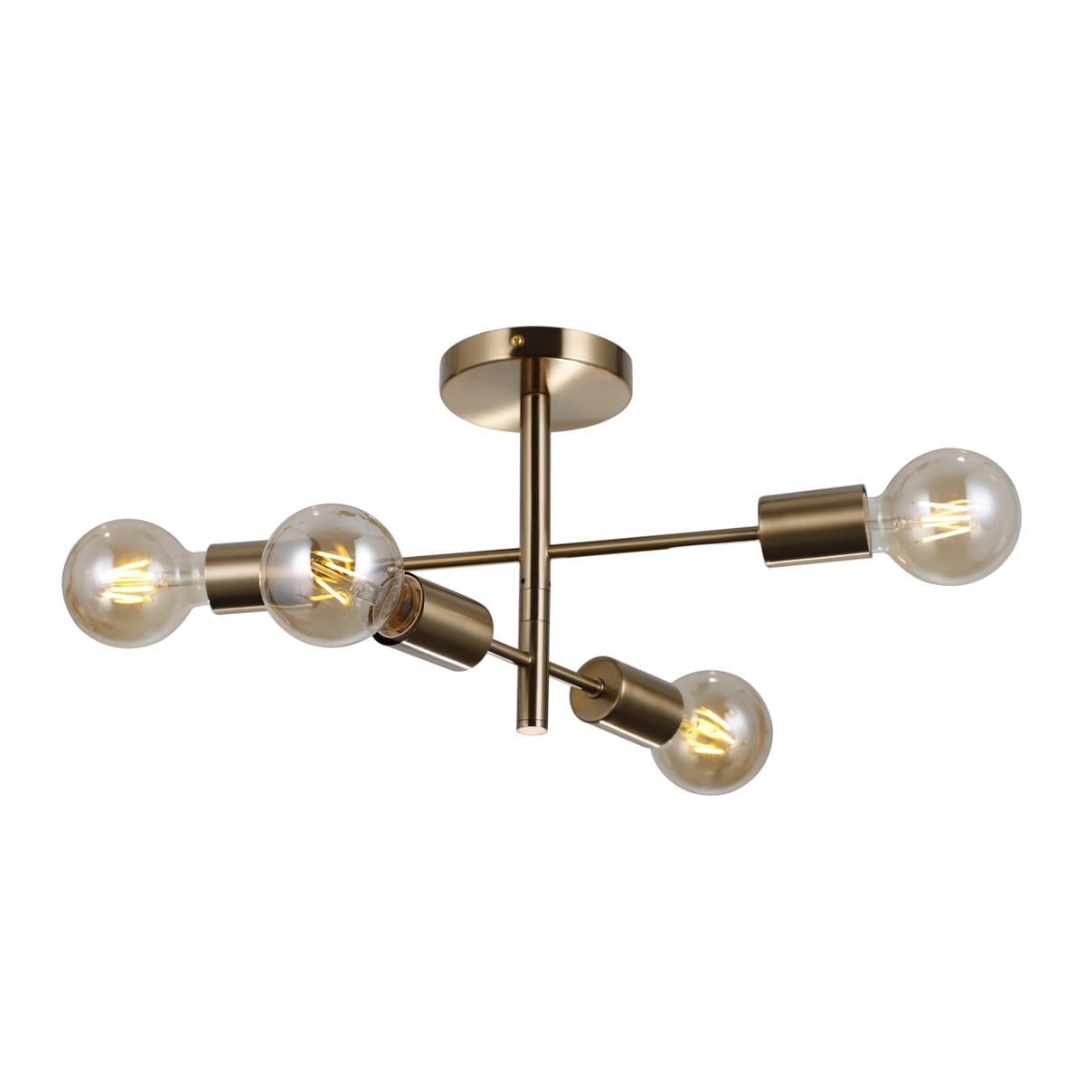 Lampa sufitowa Piansi 4-punktowa w miodowym mosiądzu, z czterema przezroczystymi żarówkami, zamontowana na okrągłym mocowaniu. Kształt geometryczny z rozłożonymi ramionami, idealna do nowoczesnych wnętrz.