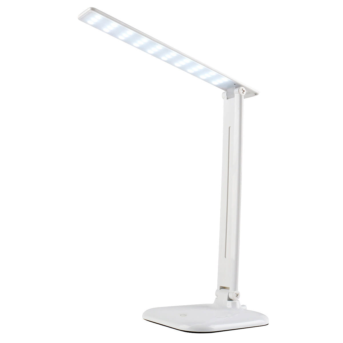 Biała lampka biurkowa Marina LED 9W z płaską podstawą. Lampa ma regulowany, prostokątny klosz oraz nowoczesny design. Źródło światła o temperaturze 4500K, ustawiona w pozycji stojącej.