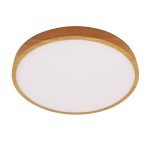 Plafon LED Riberio D28 w jasnym drewnie, okrągły, z białym kloszem, montowany na suficie. Ujęcie z boku, podkreślające naturalny kolor drewna oraz gładką powierzchnię. Idealny do oświetlenia wnętrz w ciepłej tonacji 3000K.