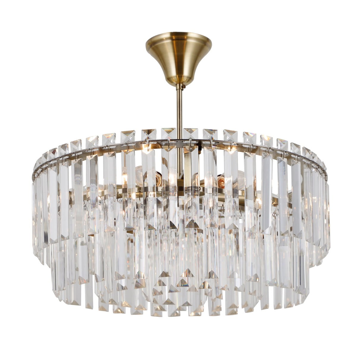 Lampa sufitowa Buena 6-punktowa w antycznym brązie, z przezroczystymi kryształami w formie pionowych prążków. Okrągła konstrukcja z metalowym mocowaniem, zawieszona na długim przewodzie, idealna do nowoczesnych wnętrz.