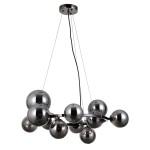 Lampa wisząca Canello 11-punktowa w kolorze czarnym i dymionym. Składa się z metalowej konstrukcji z 11 wypukłymi kulami o lustrzanej powierzchni, zawieszona na cienkich linkach. Ujęcie z przodu, na białym tle.