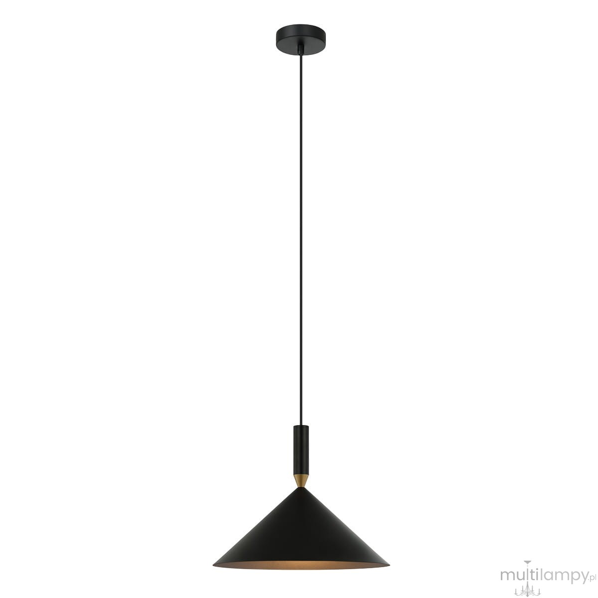Czarna lampa wisząca Drello PND-541101-BK o stożkowym kształcie, zawieszona na długim, cienkim przewodzie. Górna część lampy ma złoty detal, a wnętrze klosza jest w jasnym kolorze, co tworzy kontrast z matową czernią.