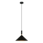Czarna lampa wisząca Drello PND-541101-BK o stożkowym kształcie, zawieszona na długim, cienkim przewodzie. Górna część lampy ma złoty detal, a wnętrze klosza jest w jasnym kolorze, co tworzy kontrast z matową czernią.