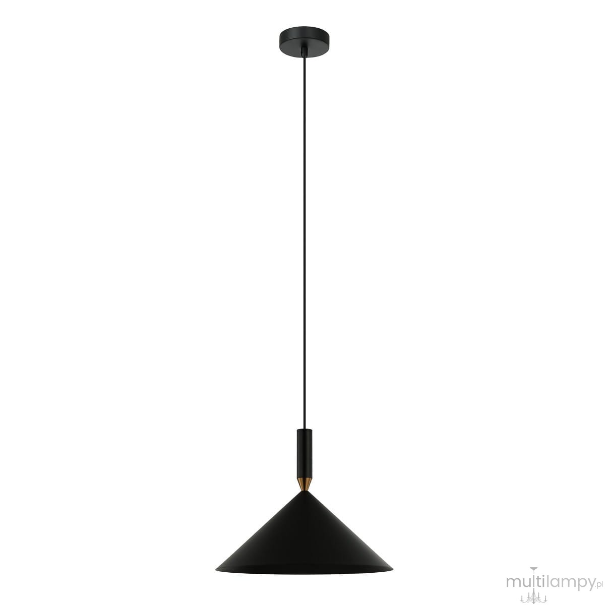 Czarna lampa wisząca Drello PND-541101-BK o stożkowym kształcie, zawieszona na cienkim kablu. Elementy metalowe w matowym wykończeniu z detalem w kolorze złotym. Prosta konstrukcja, idealna do nowoczesnych wnętrz.