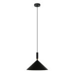 Czarna lampa wisząca Drello PND-541101-BK o stożkowym kształcie, zawieszona na cienkim kablu. Elementy metalowe w matowym wykończeniu z detalem w kolorze złotym. Prosta konstrukcja, idealna do nowoczesnych wnętrz.