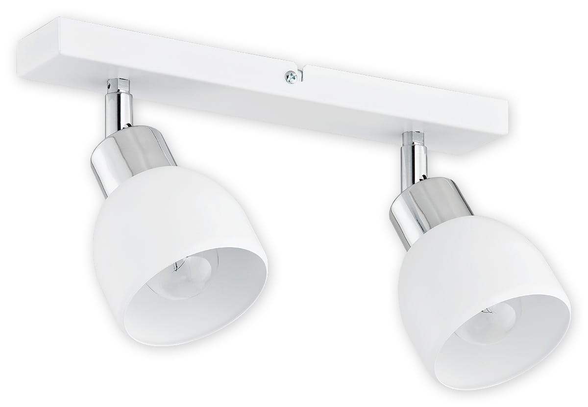 Lampa sufitowa Feniks 2-punktowa w kolorze białym z metalowymi chromowanymi detalami. Okrągłe klosze z matowego szkła, zamontowane na prostokątnej, białej podstawie. Ujęcie frontalne, produkt zawieszony na suficie.