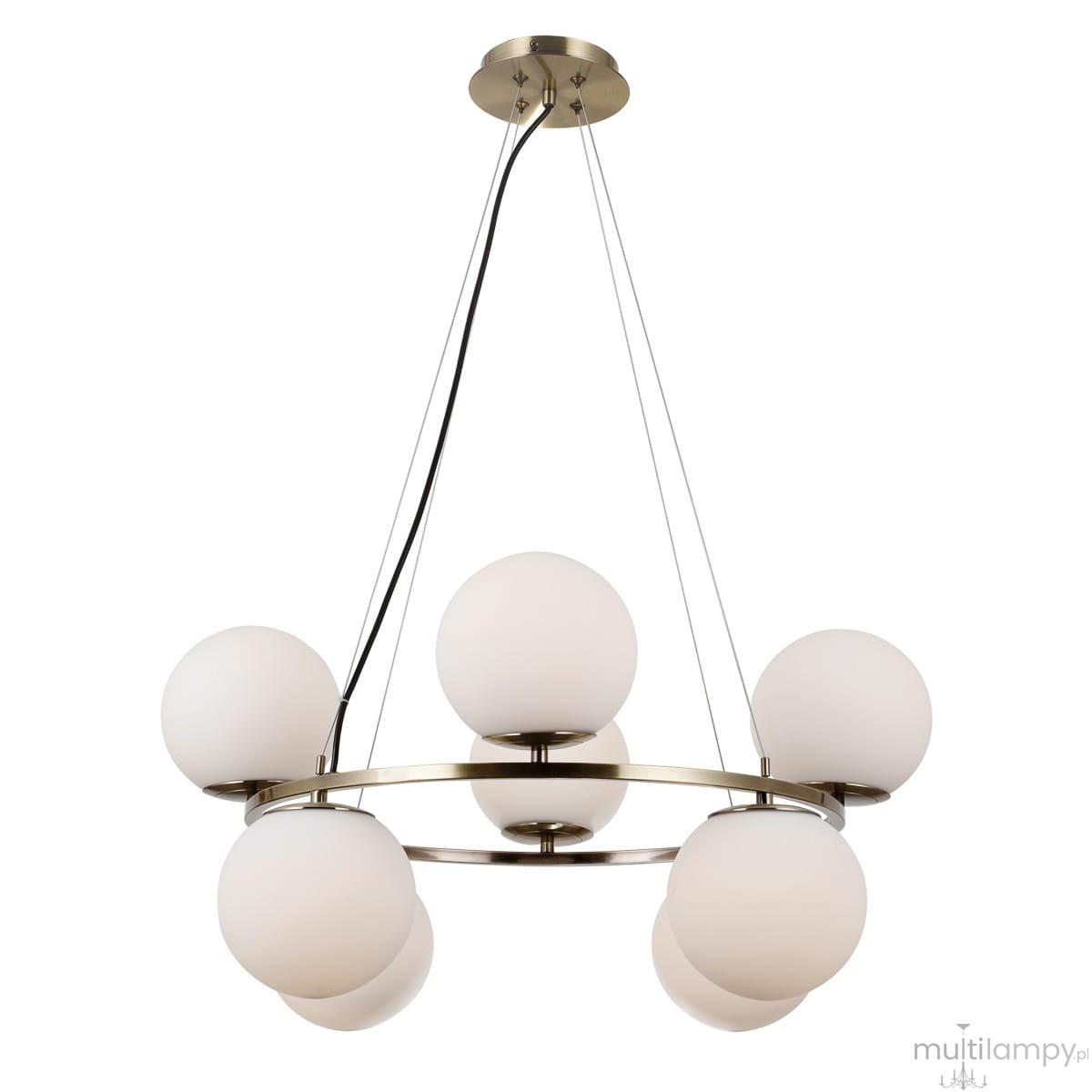 Lampa wisząca Larosa, 8-punktowa, w antycznym brązie i białych kloszach. Okrągła konstrukcja z sześcioma białymi, matowymi kulami na metalowym stelażu, zawieszona na cienkich linkach. Ujęcie z dołu, na jasnym tle.