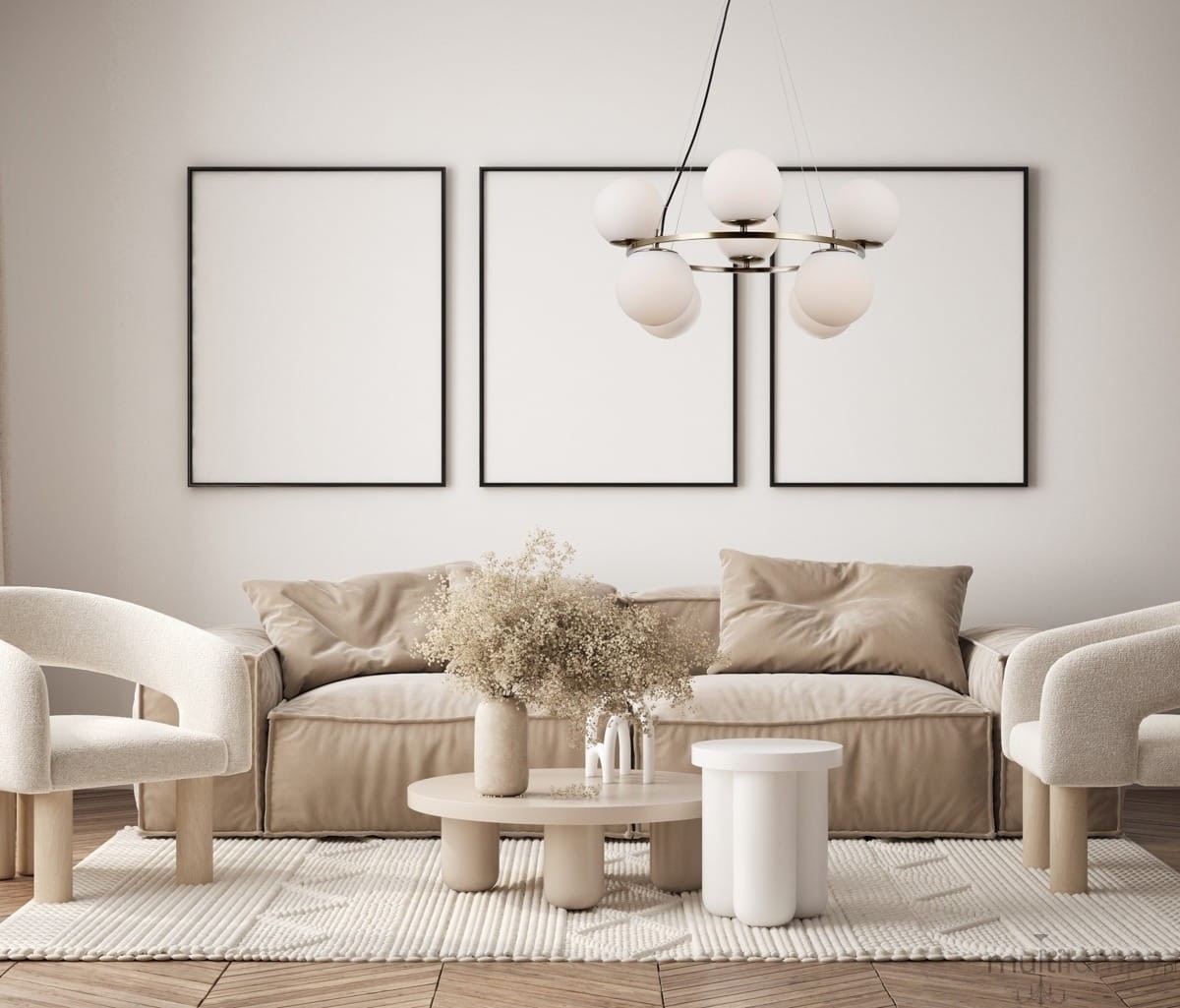 Lampa wisząca Larosa 8-punktowa w kolorze antycznego brązu i białym, z okrągłymi kloszami, zawieszona nad stolikiem w nowoczesnym wnętrzu. Widoczna w aranżacji z beżową sofą i jasnymi krzesłami, na tle białych ścian.